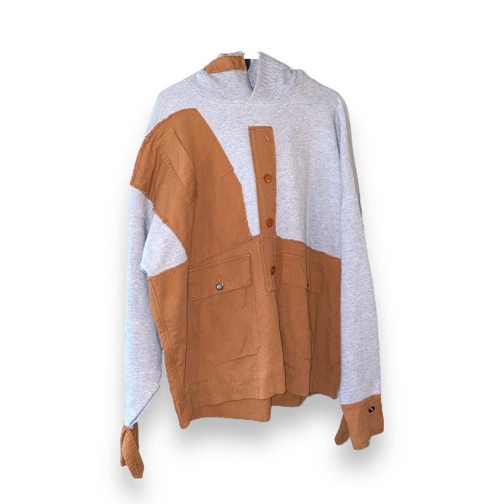 MNML Outerwear Oversized Gray & Brown Mash Up Hoodie | Size Medium - Picture 2 of 16